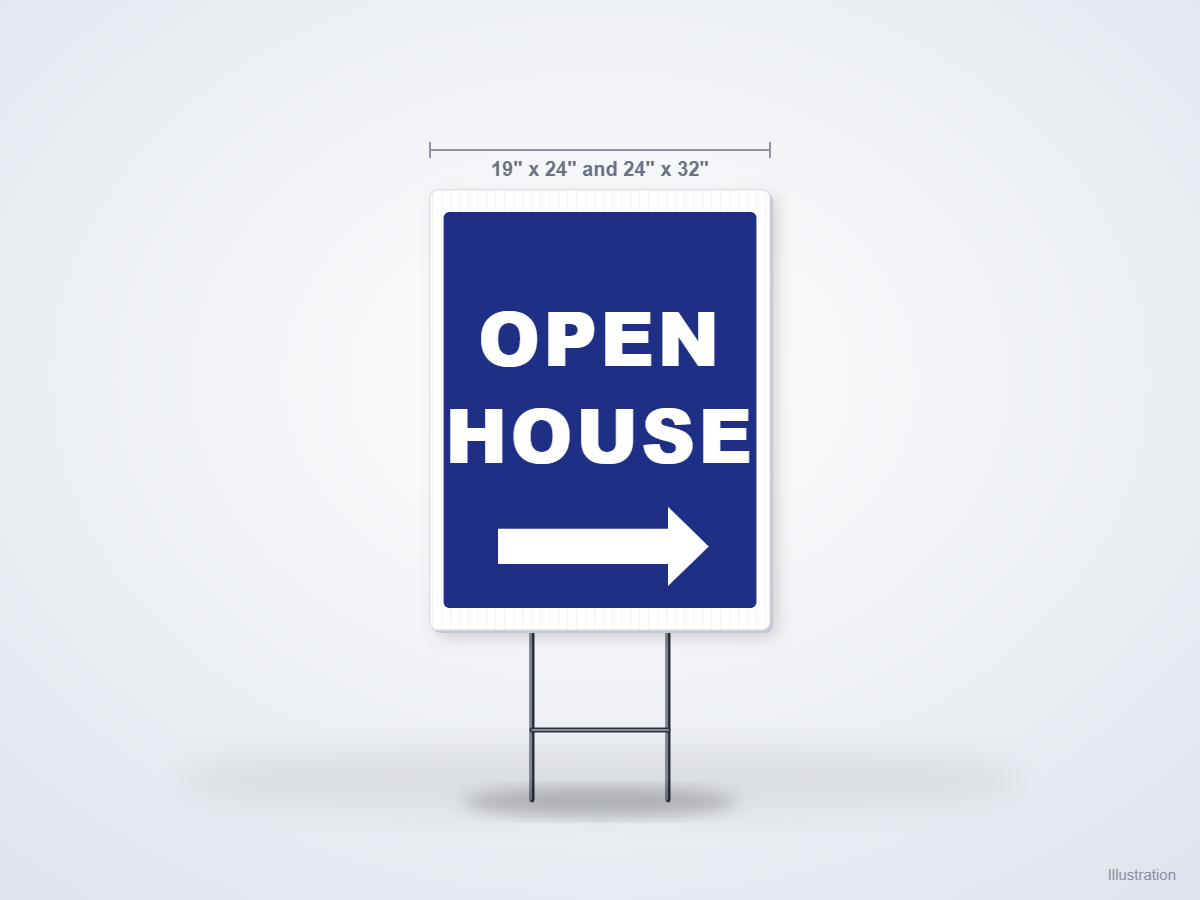 Illustration of an Open House sign on a wire stake, front view with size markings