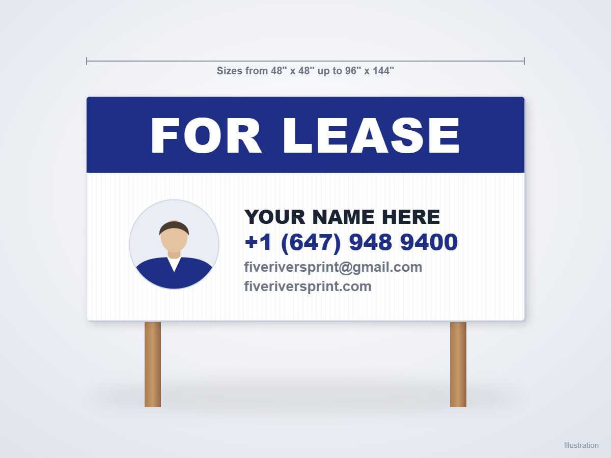 Illustration of a commercial sign on posts, front view with size markings