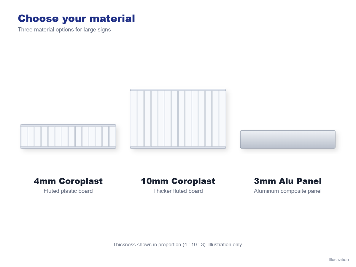 Illustration comparing 4mm Coroplast, 10mm Coroplast and 3mm aluminum panel thickness