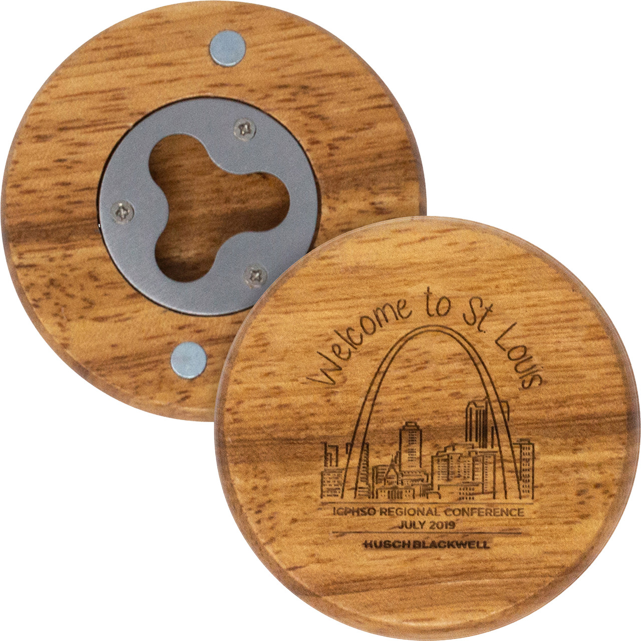 Round Wood Bottle Opener with Back Metal Jaw - Additional View